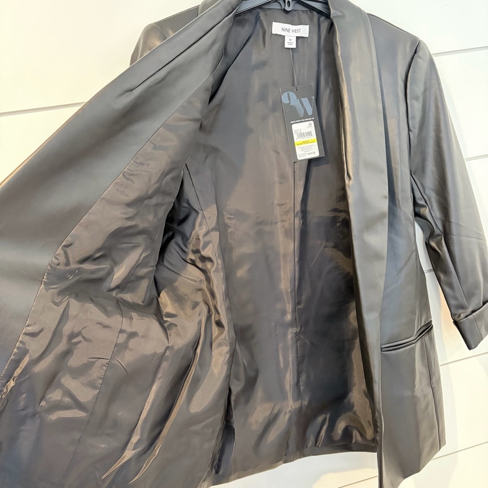 NWT Nine West Black Faux Leather Blazer Jacket Modern Minimal Chic Medium - Picture 5 of 9